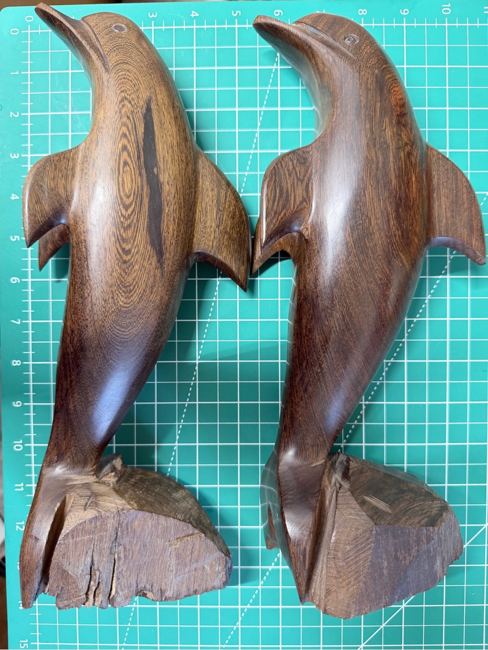 Hand-Carved Dark Wood Heavy Weight Dolphin Sculptures - Pair Folk Art 🐬 - Picture 4 of 4